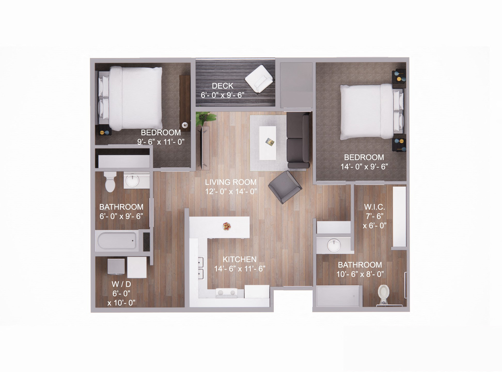 Floor plan for 2 beds, 2 baths, 1040 sqft